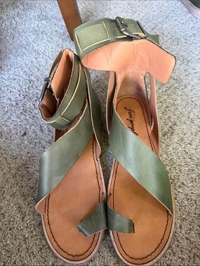 Free People Olive and Tan Leather Crisscross Ankle-Strap Sandals